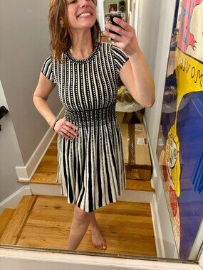 NWT Maeve by Anthropologie Black White Striped Knit Fit & Flare Dress XS $178